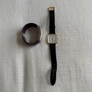 Vintage Q&Q Square Gold Watch and JAS Purple Cuff Watch Set Quartz Bundle